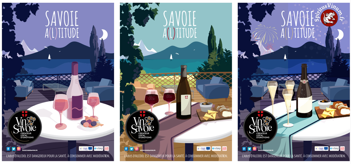 Le nouveau visuel institutionnel  déployé par les vins de Savoie, décliné en quatre versions, une pour chaque spécialité du vignoble (blanc, rosé, rouge et bulles) et mettant en valeur les vins dans plusieurs contextes de consommation.