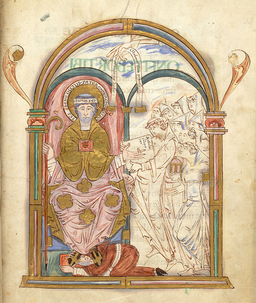 Saint Benoît entouré de sa communauté, Eadui Psalter, Canterbury, XIᵉ siècle, Arundel MS 155, f. 133r. British Library. Saint Benoît entouré de sa communauté, Eadui Psalter, Canterbury, XIᵉ siècle, Arundel MS 155, f. 133r. British Library.